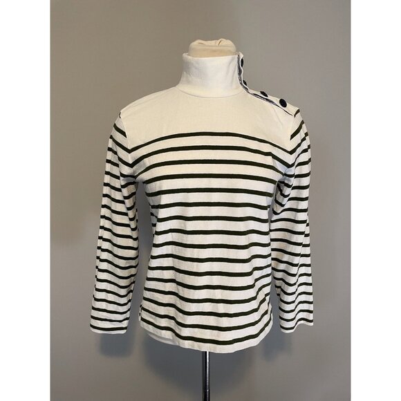 J. Crew White & Green Striped Buttoned Mock Neck Shirt, Size XS - Picture 1 of 9